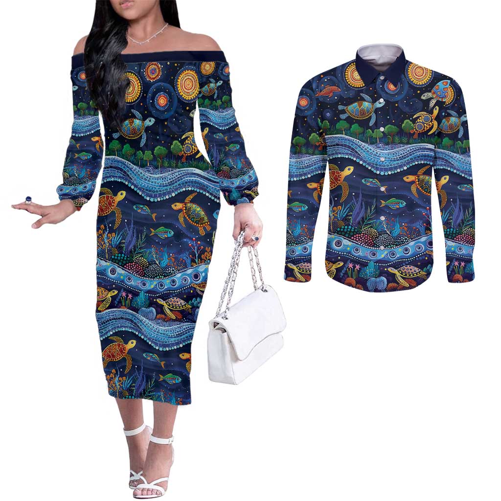 Australian Landscapes Couples Matching Off The Shoulder Long Sleeve Dress and Long Sleeve Button Shirt Aboriginal Dreamtime Story