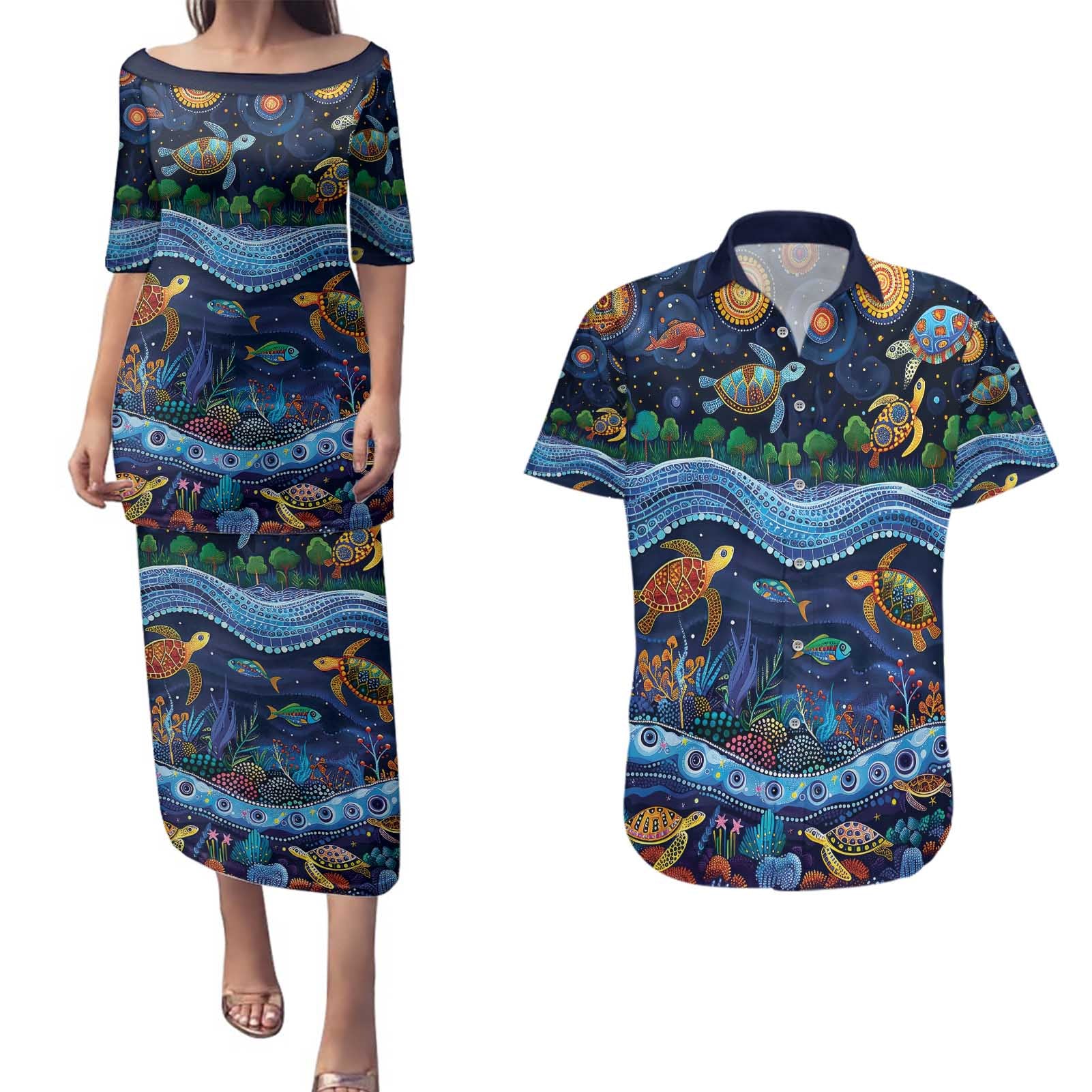 Australian Landscapes Couples Matching Puletasi and Hawaiian Shirt Aboriginal Dreamtime Story