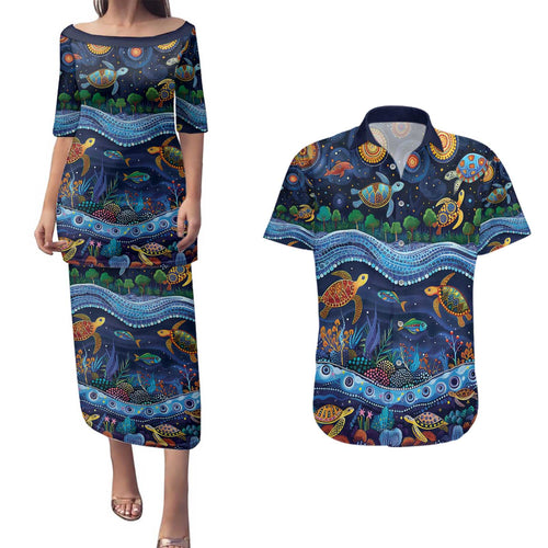 Australian Landscapes Couples Matching Puletasi and Hawaiian Shirt Aboriginal Dreamtime Story