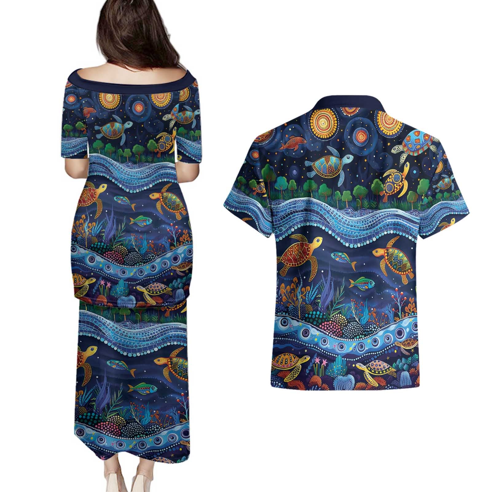 Australian Landscapes Couples Matching Puletasi and Hawaiian Shirt Aboriginal Dreamtime Story