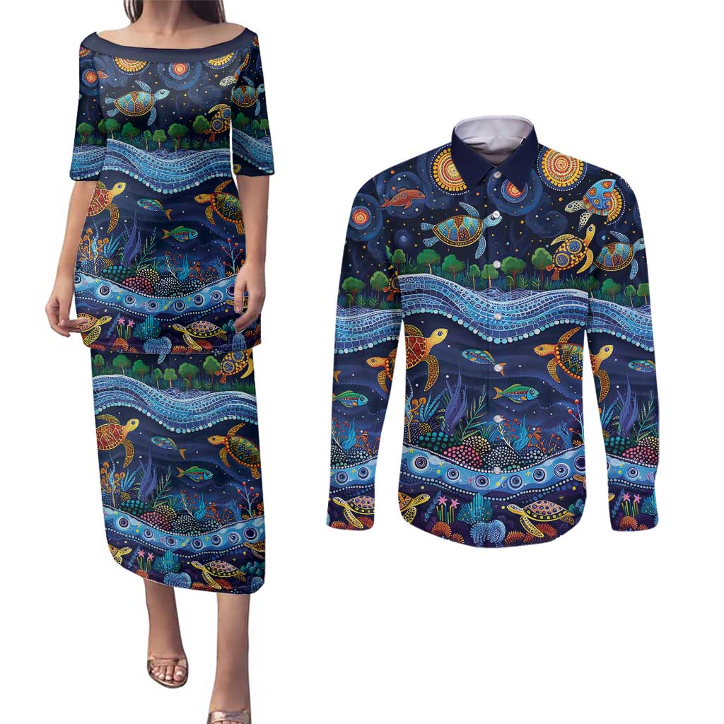 Australian Landscapes Couples Matching Puletasi and Long Sleeve Button Shirt Aboriginal Dreamtime Story