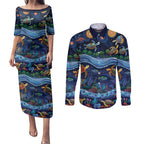 Australian Landscapes Couples Matching Puletasi and Long Sleeve Button Shirt Aboriginal Dreamtime Story