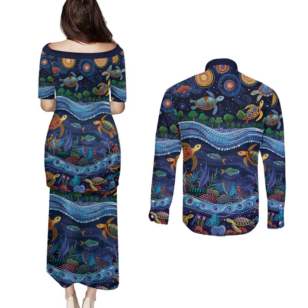Australian Landscapes Couples Matching Puletasi and Long Sleeve Button Shirt Aboriginal Dreamtime Story