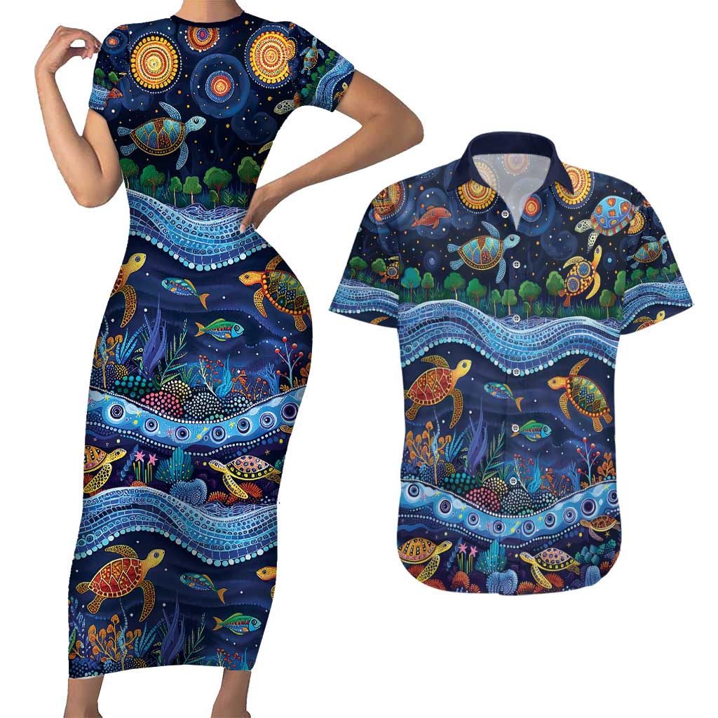 Australian Landscapes Couples Matching Short Sleeve Bodycon Dress and Hawaiian Shirt Aboriginal Dreamtime Story