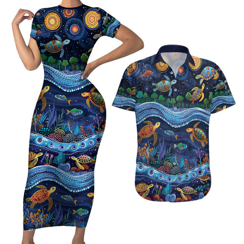 Australian Landscapes Couples Matching Short Sleeve Bodycon Dress and Hawaiian Shirt Aboriginal Dreamtime Story