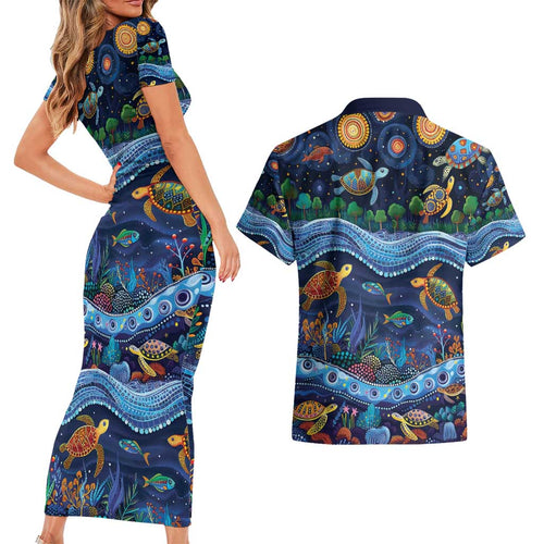 Australian Landscapes Couples Matching Short Sleeve Bodycon Dress and Hawaiian Shirt Aboriginal Dreamtime Story