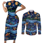 Australian Landscapes Couples Matching Short Sleeve Bodycon Dress and Long Sleeve Button Shirt Aboriginal Dreamtime Story