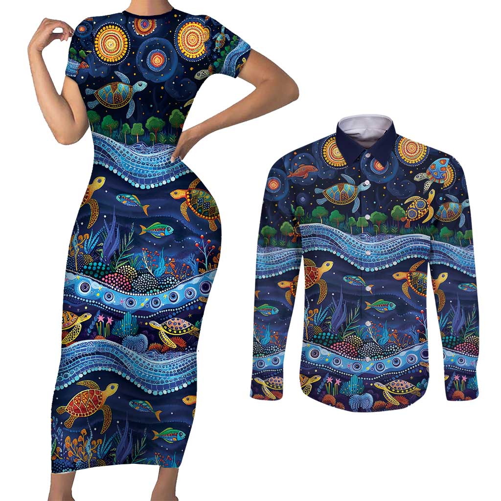 Australian Landscapes Couples Matching Short Sleeve Bodycon Dress and Long Sleeve Button Shirt Aboriginal Dreamtime Story