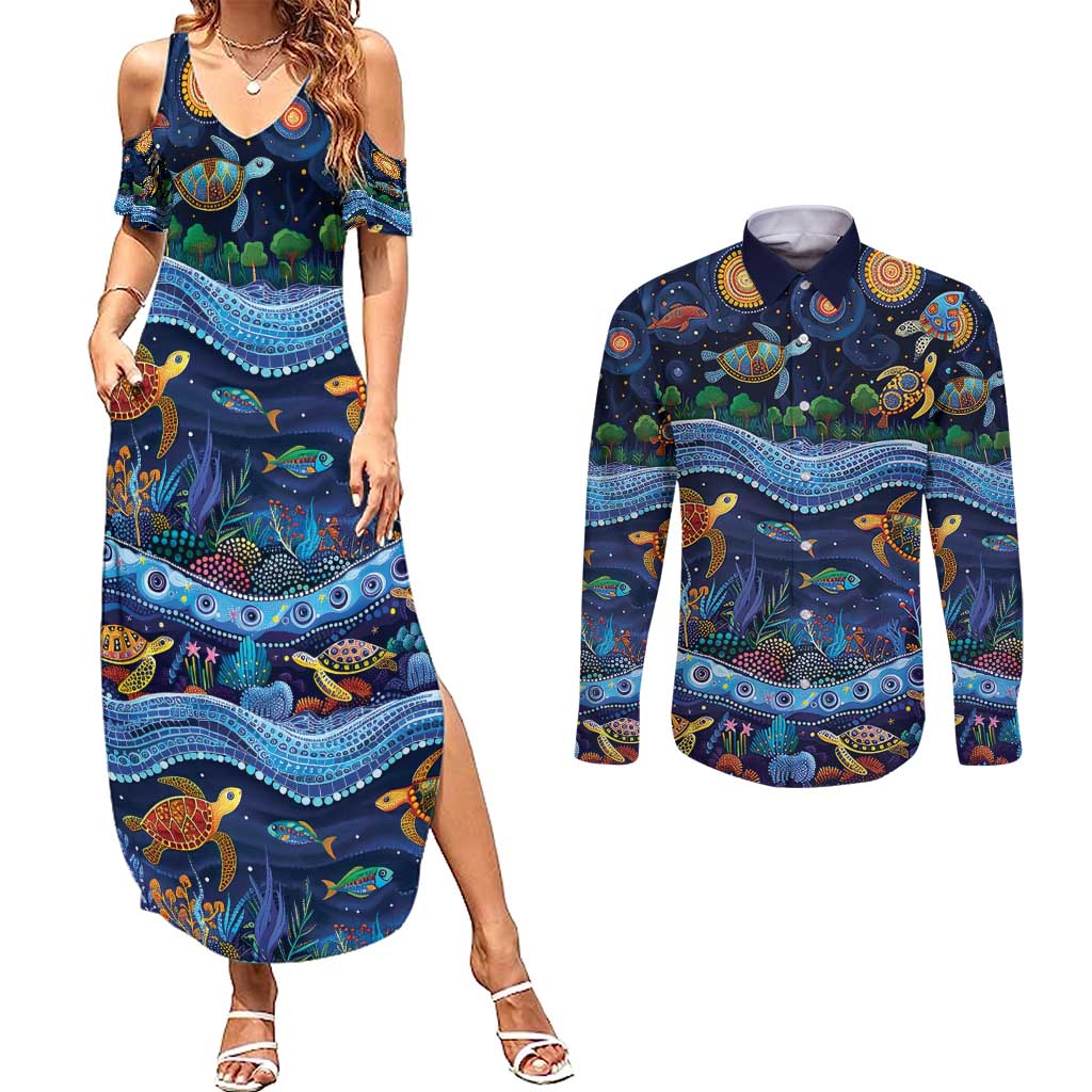 Australian Landscapes Couples Matching Summer Maxi Dress and Long Sleeve Button Shirt Aboriginal Dreamtime Story