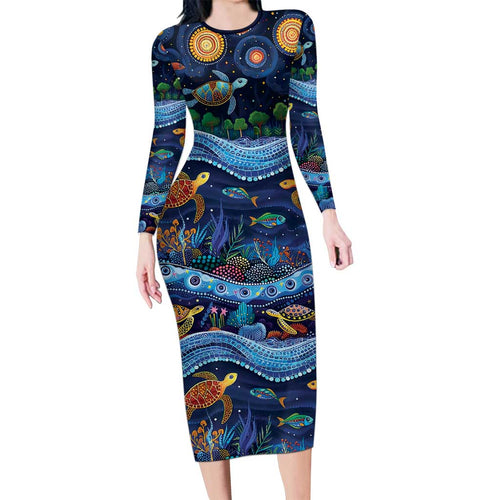 Australian Landscapes Family Matching Long Sleeve Bodycon Dress and Hawaiian Shirt Aboriginal Dreamtime Story