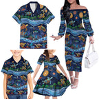 Australian Landscapes Family Matching Off The Shoulder Long Sleeve Dress and Hawaiian Shirt Aboriginal Dreamtime Story