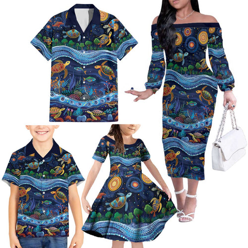 Australian Landscapes Family Matching Off The Shoulder Long Sleeve Dress and Hawaiian Shirt Aboriginal Dreamtime Story