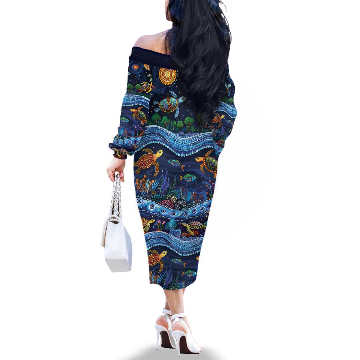 Australian Landscapes Family Matching Off The Shoulder Long Sleeve Dress and Hawaiian Shirt Aboriginal Dreamtime Story