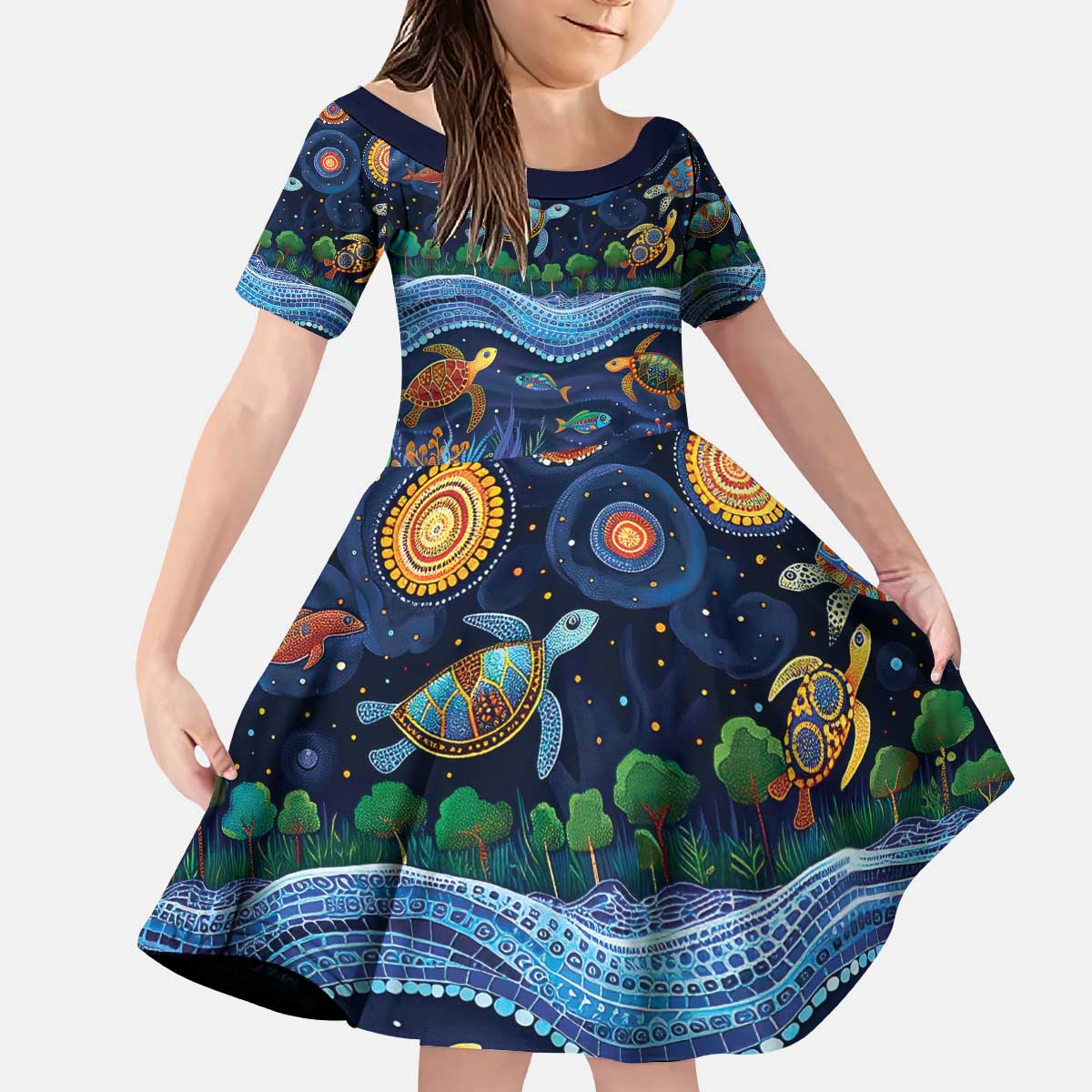 Australian Landscapes Kid Short Sleeve Dress Aboriginal Dreamtime Story