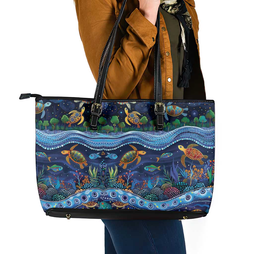 Australian Landscapes Leather Tote Bag Aboriginal Dreamtime Story