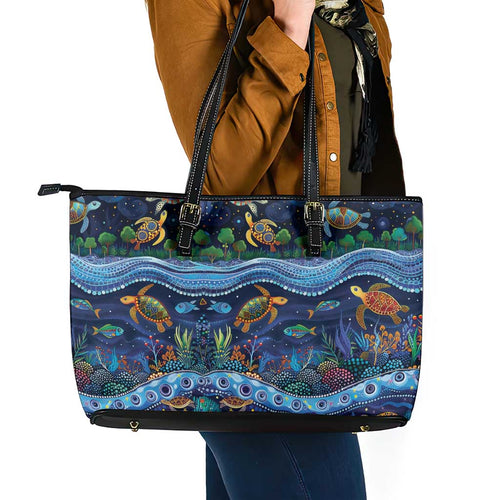 Australian Landscapes Leather Tote Bag Aboriginal Dreamtime Story
