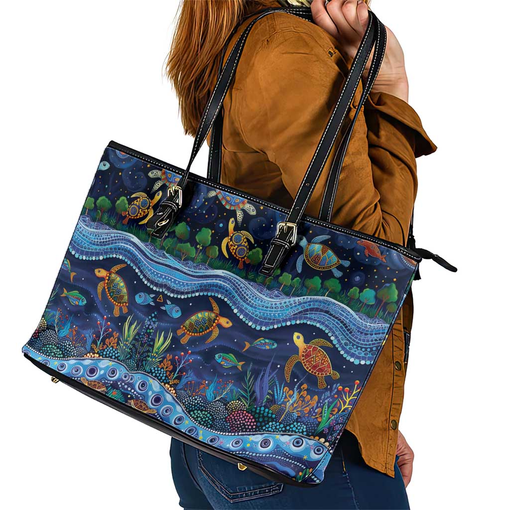 Australian Landscapes Leather Tote Bag Aboriginal Dreamtime Story