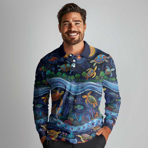 Australian Landscapes Long Sleeve Polo Shirt Aboriginal Dreamtime Story