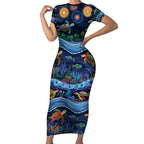 Australian Landscapes Short Sleeve Bodycon Dress Aboriginal Dreamtime Story