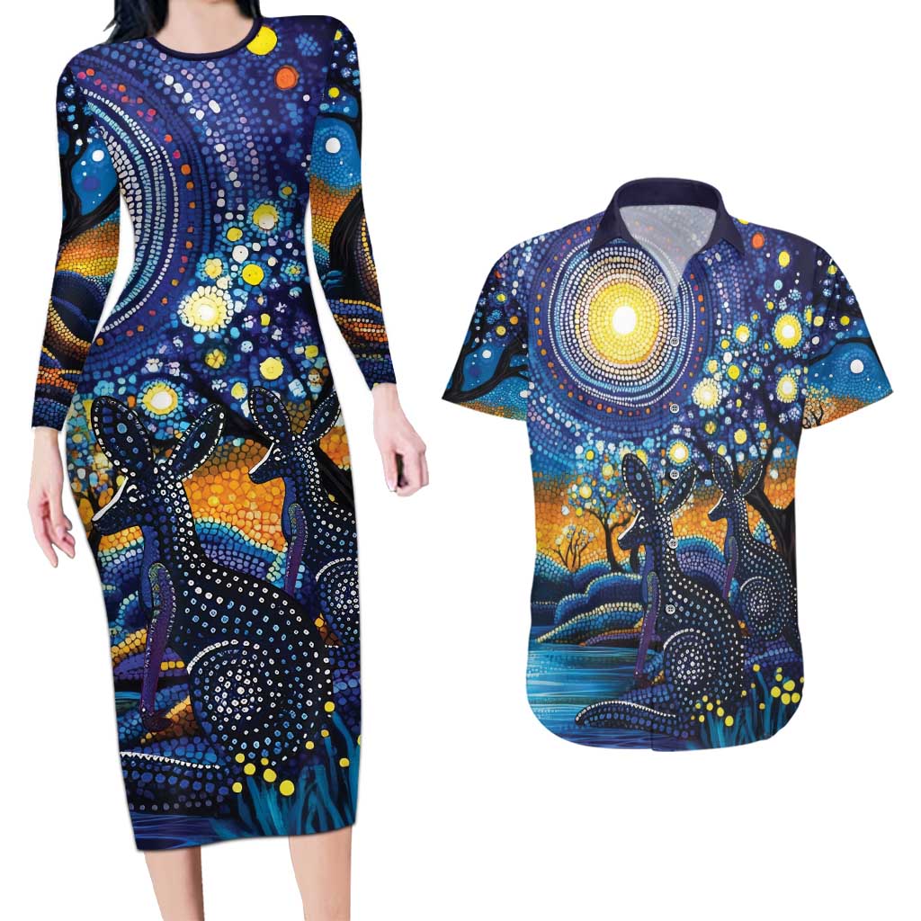 Australian Night Sky Landscape Couples Matching Long Sleeve Bodycon Dress and Hawaiian Shirt Aboriginal Dreamtime Story