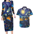 Australian Night Sky Landscape Couples Matching Long Sleeve Bodycon Dress and Hawaiian Shirt Aboriginal Dreamtime Story