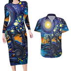 Australian Night Sky Landscape Couples Matching Long Sleeve Bodycon Dress and Hawaiian Shirt Aboriginal Dreamtime Story