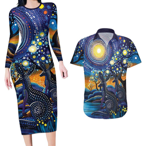 Australian Night Sky Landscape Couples Matching Long Sleeve Bodycon Dress and Hawaiian Shirt Aboriginal Dreamtime Story