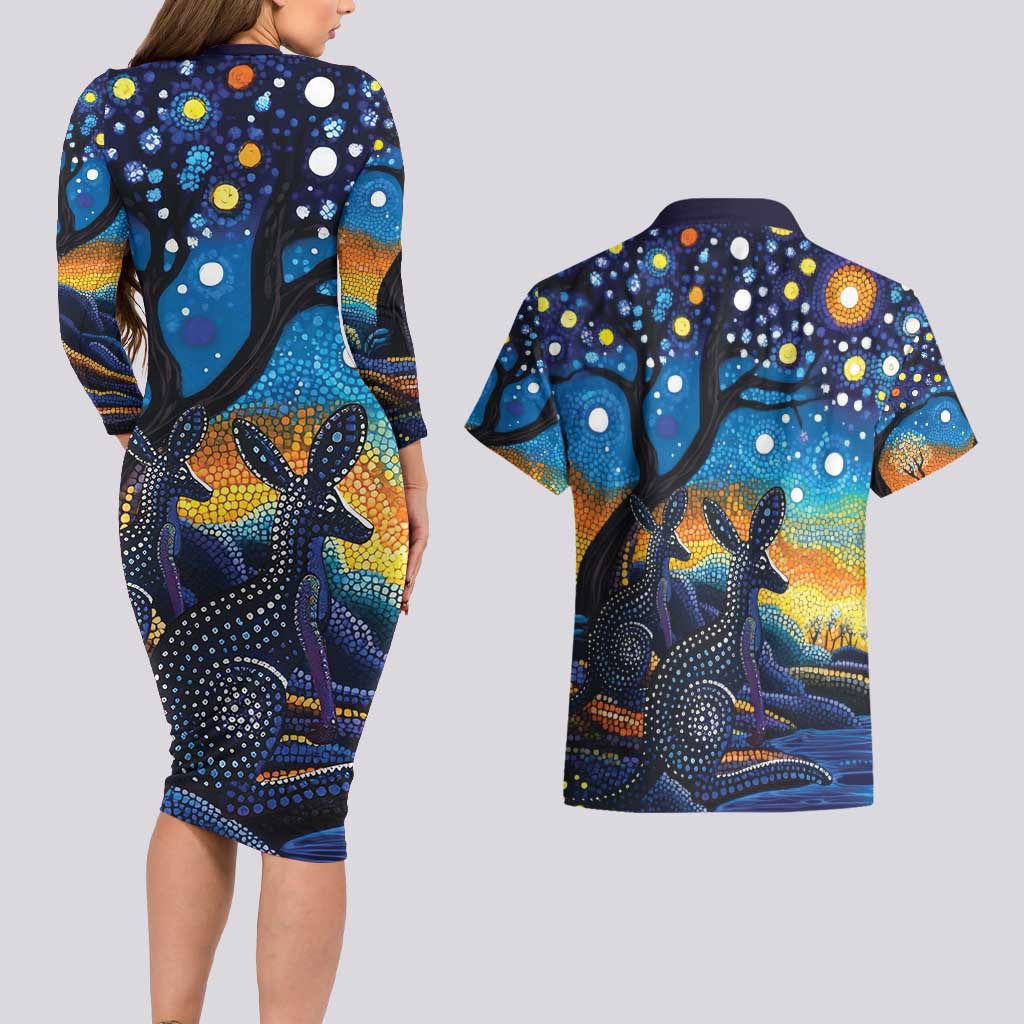 Australian Night Sky Landscape Couples Matching Long Sleeve Bodycon Dress and Hawaiian Shirt Aboriginal Dreamtime Story