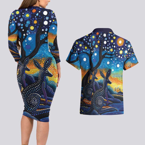 Australian Night Sky Landscape Couples Matching Long Sleeve Bodycon Dress and Hawaiian Shirt Aboriginal Dreamtime Story