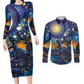 Australian Night Sky Landscape Couples Matching Long Sleeve Bodycon Dress and Long Sleeve Button Shirt Aboriginal Dreamtime Story