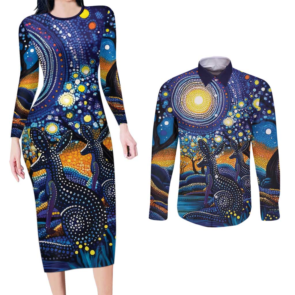 Australian Night Sky Landscape Couples Matching Long Sleeve Bodycon Dress and Long Sleeve Button Shirt Aboriginal Dreamtime Story