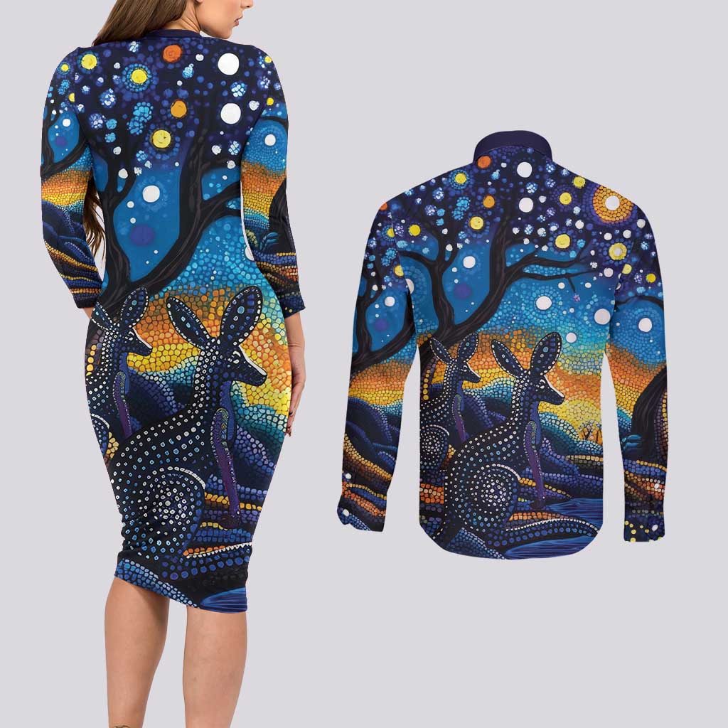 Australian Night Sky Landscape Couples Matching Long Sleeve Bodycon Dress and Long Sleeve Button Shirt Aboriginal Dreamtime Story