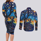 Australian Night Sky Landscape Couples Matching Long Sleeve Bodycon Dress and Long Sleeve Button Shirt Aboriginal Dreamtime Story