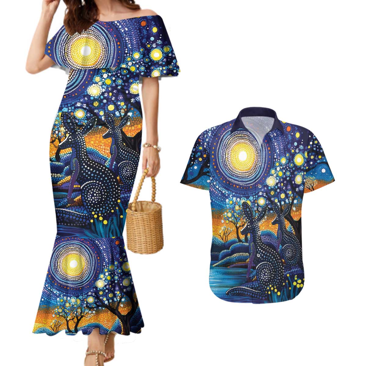 Australian Night Sky Landscape Couples Matching Mermaid Dress and Hawaiian Shirt Aboriginal Dreamtime Story