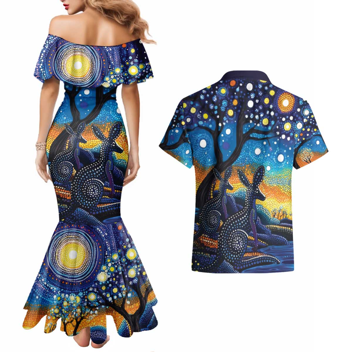Australian Night Sky Landscape Couples Matching Mermaid Dress and Hawaiian Shirt Aboriginal Dreamtime Story