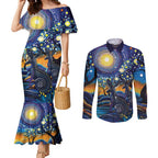 Australian Night Sky Landscape Couples Matching Mermaid Dress and Long Sleeve Button Shirt Aboriginal Dreamtime Story