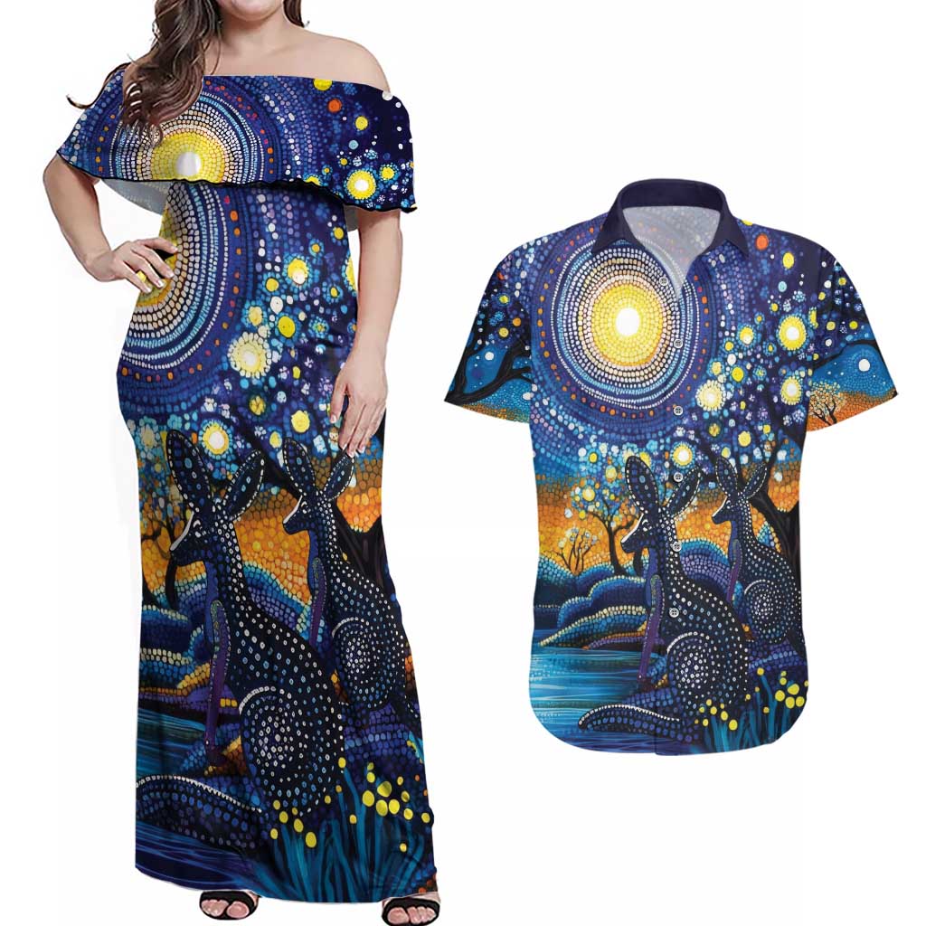Australian Night Sky Landscape Couples Matching Off Shoulder Maxi Dress and Hawaiian Shirt Aboriginal Dreamtime Story