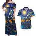 Australian Night Sky Landscape Couples Matching Off Shoulder Maxi Dress and Hawaiian Shirt Aboriginal Dreamtime Story