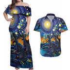 Australian Night Sky Landscape Couples Matching Off Shoulder Maxi Dress and Hawaiian Shirt Aboriginal Dreamtime Story