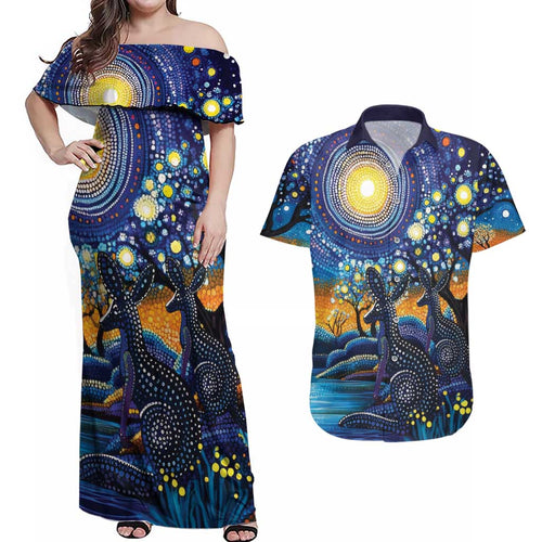 Australian Night Sky Landscape Couples Matching Off Shoulder Maxi Dress and Hawaiian Shirt Aboriginal Dreamtime Story