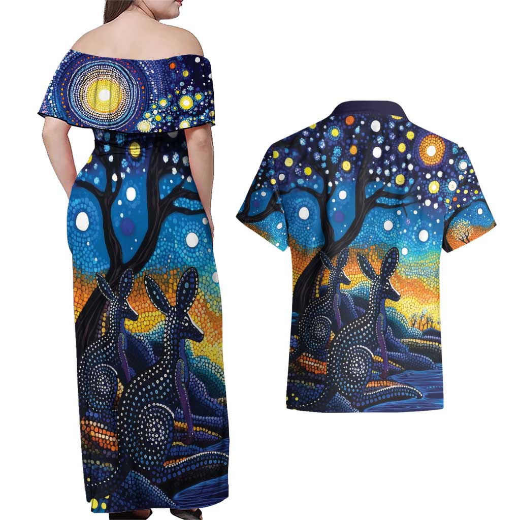 Australian Night Sky Landscape Couples Matching Off Shoulder Maxi Dress and Hawaiian Shirt Aboriginal Dreamtime Story