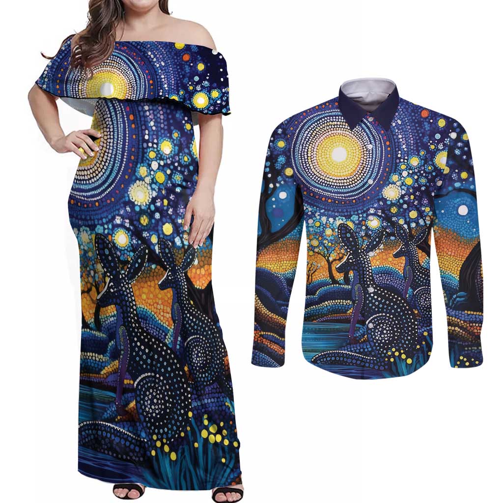 Australian Night Sky Landscape Couples Matching Off Shoulder Maxi Dress and Long Sleeve Button Shirt Aboriginal Dreamtime Story