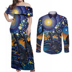 Australian Night Sky Landscape Couples Matching Off Shoulder Maxi Dress and Long Sleeve Button Shirt Aboriginal Dreamtime Story