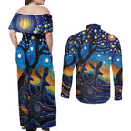 Australian Night Sky Landscape Couples Matching Off Shoulder Maxi Dress and Long Sleeve Button Shirt Aboriginal Dreamtime Story