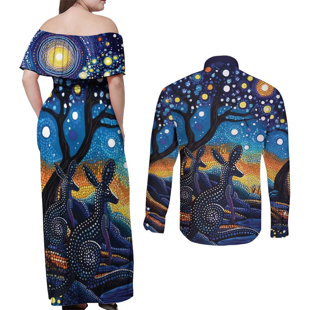 Australian Night Sky Landscape Couples Matching Off Shoulder Maxi Dress and Long Sleeve Button Shirt Aboriginal Dreamtime Story