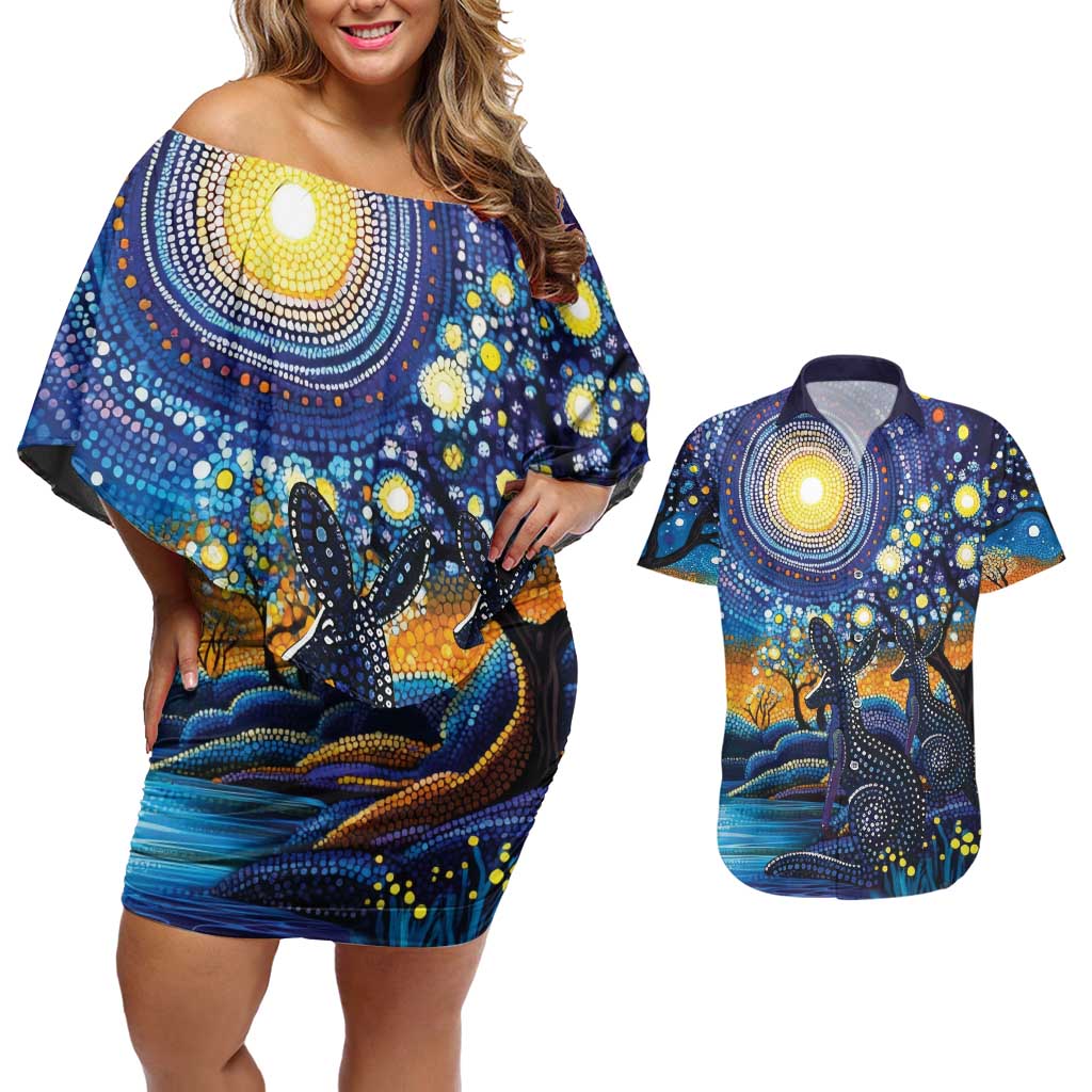 Australian Night Sky Landscape Couples Matching Off Shoulder Short Dress and Hawaiian Shirt Aboriginal Dreamtime Story