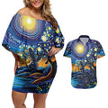 Australian Night Sky Landscape Couples Matching Off Shoulder Short Dress and Hawaiian Shirt Aboriginal Dreamtime Story