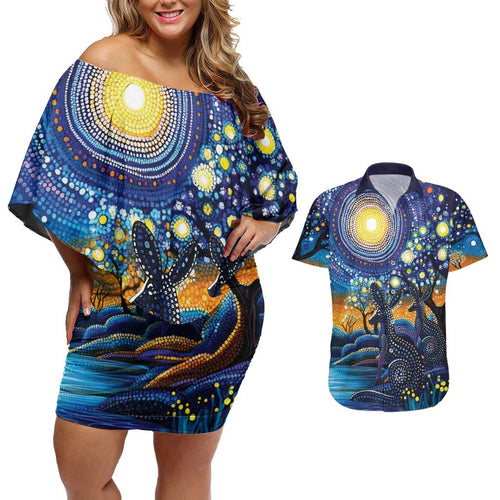 Australian Night Sky Landscape Couples Matching Off Shoulder Short Dress and Hawaiian Shirt Aboriginal Dreamtime Story