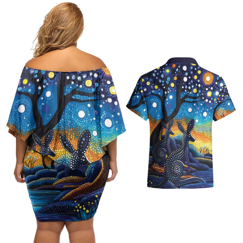 Australian Night Sky Landscape Couples Matching Off Shoulder Short Dress and Hawaiian Shirt Aboriginal Dreamtime Story