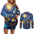 Australian Night Sky Landscape Couples Matching Off Shoulder Short Dress and Long Sleeve Button Shirt Aboriginal Dreamtime Story